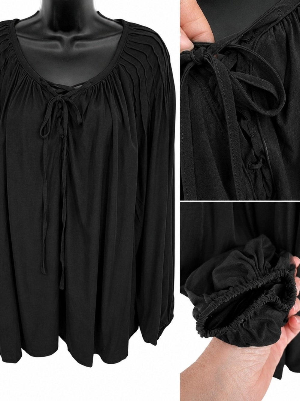 Mustard Seed Blk Peasant Blouse with Batwing Sleeves & Tie Neck Sz M